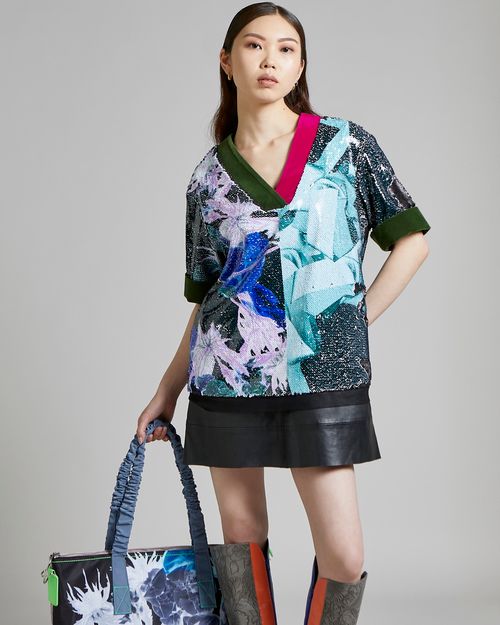 Joanne Hynes Sylvia Thistle Print, Boxy V-Neck Sequin Top