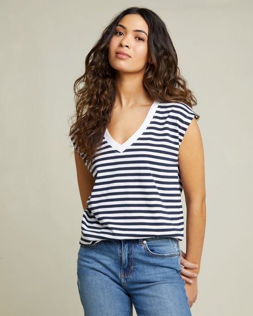 Cotton Stripe Sleeveless V-Neck T-Shirt