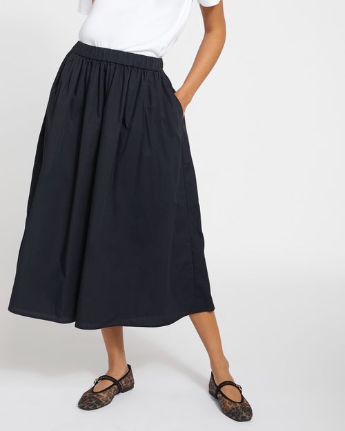Cotton Poplin A-Line Midi Skirt