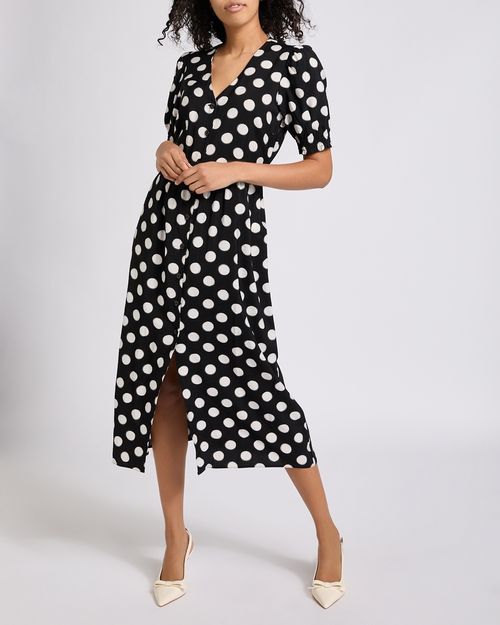 Polka-Dot Print Button Front Midi Dress