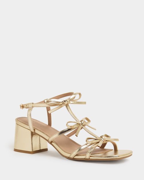 Bow Detail Gold Mid Block Heeled Sandals