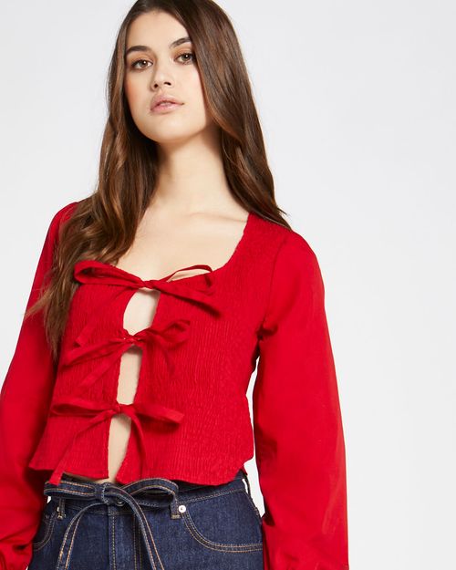 Savida Shirred Bow Tie Blouse