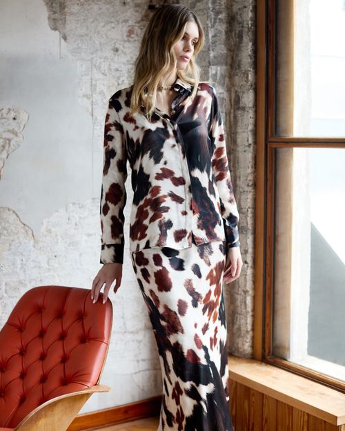 Gallery Cow Print Satin Midi Skirt