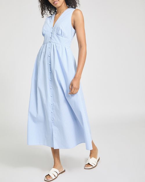Stripe Button Front Sleeveless Midi Dress