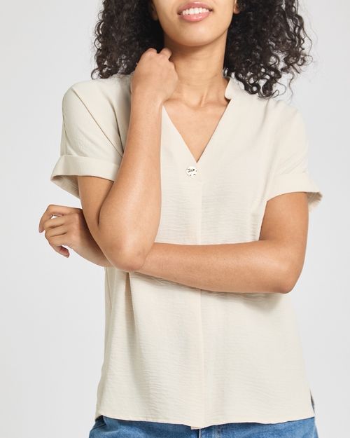 Short-Sleeved V-Neck Woven Top
