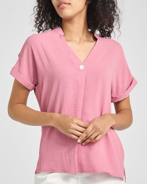Short-Sleeved V-Neck Woven Top