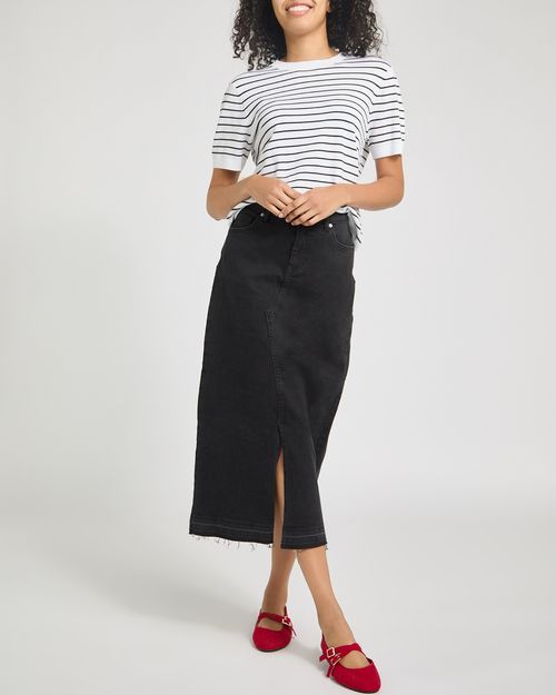High Waisted Denim Midi Skirt