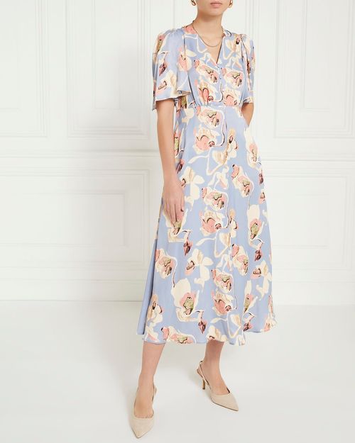 Gallery Flutter Sleeve Print Satin Midi Dress