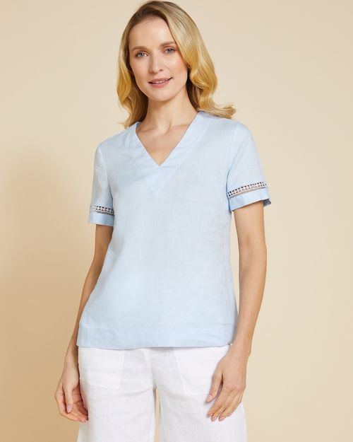 Paul Costelloe Living Studio Blue V-Neck Sleeve Detail 100% Linen Top