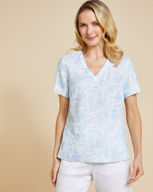 Paul Costelloe Living Studio Blue Print V-Neck 100% Linen Top