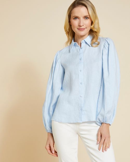 Paul Costelloe Living Studio Blue Puff Sleeve 100% Linen Shirt