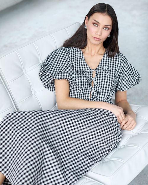 Savida Gingham Tie Front Midi Dress