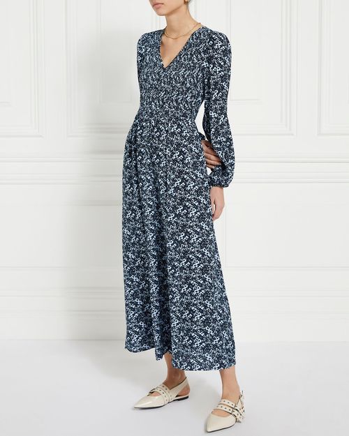 Gallery Shirred Printed V-Neck Midi Dress