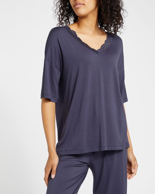 Lace Trim Viscose V-Neck Sleep T-Shirt