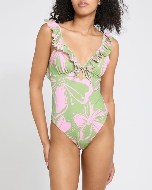 Tummy Control Palm Print Plunge Swimsuit