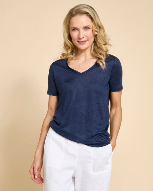 Paul Costelloe Living Studio Navy Linen V-Neck Top