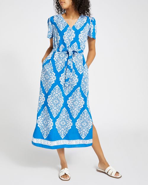 Printed V-Neck Belted Midi Dress