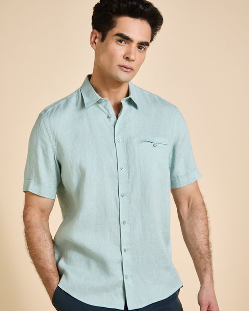 Paul Costelloe Living Men Short Sleeve Solid Linen Shirt