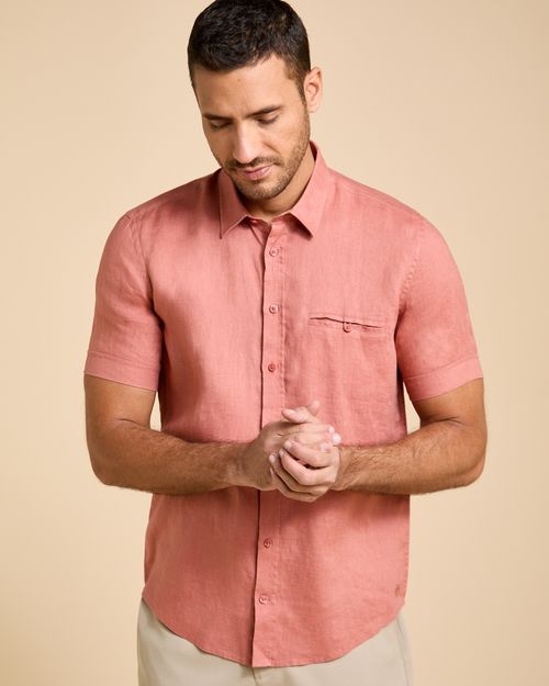 Paul Costelloe Living Men Short Sleeve Solid Linen Shirt
