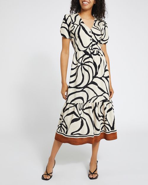 Printed Gathered V-Neck Midi Dress