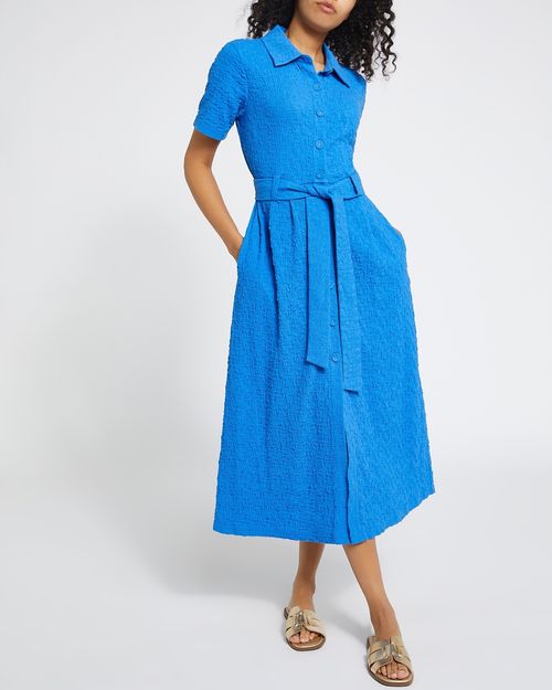 Textured Button Front Tie Belted Midi Dress