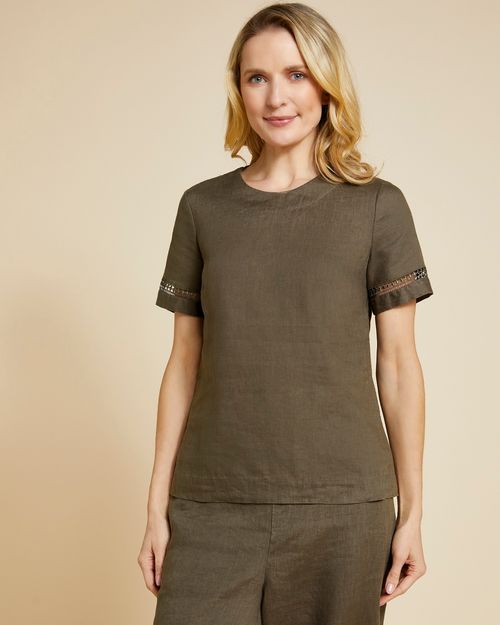 Paul Costelloe Living Studio Khaki Sleeve Detail 100% Linen Shell Top