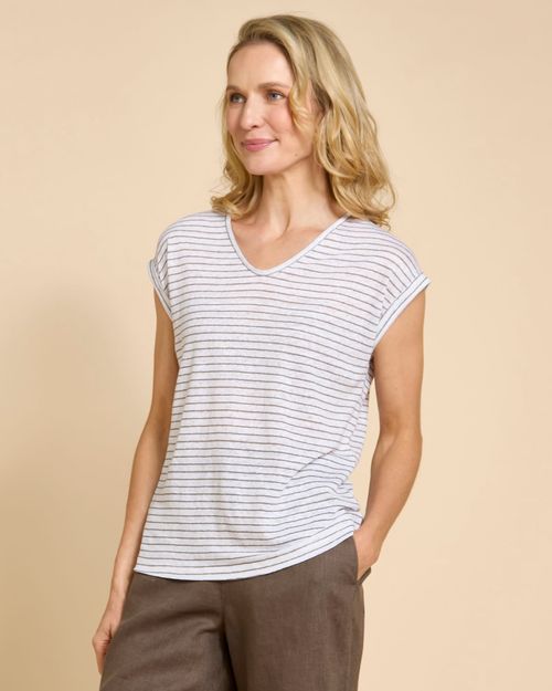 Paul Costelloe Living Studio Khaki Stripe Linen V-Neck Top