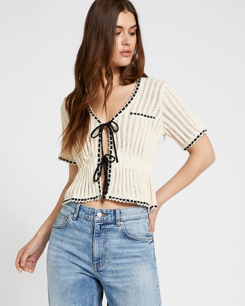 Savida Contrast Tie Short Sleeve Cardigan