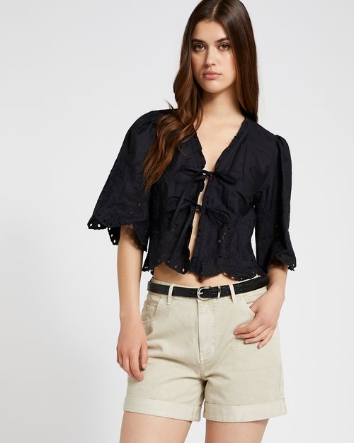 Savida Poplin Embroidered Bow Tie Front Blouse