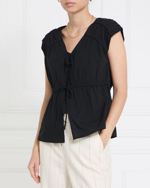 Gallery Freida Shirred Bow Tie Front Black Blouse