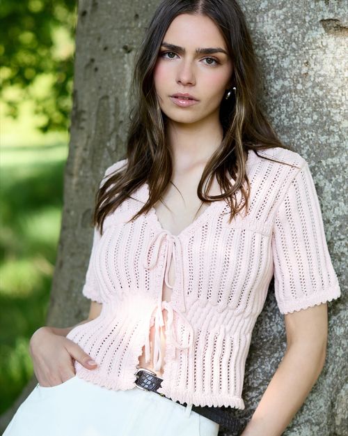 Savida Contrast Tie Short Sleeve Cardigan