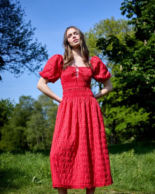 Savida Red Shirred Waist Midi Dress