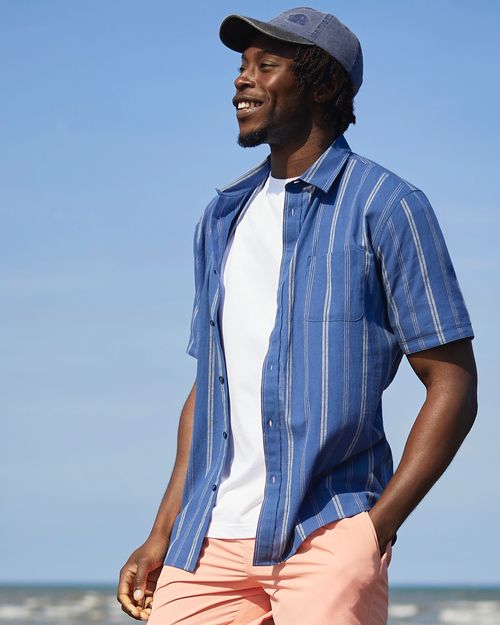 Short-Sleeve Linen Blend Stripe Shirt
