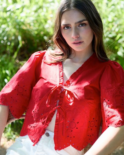 Savida Poplin Embroidered Bow Tie Front Blouse