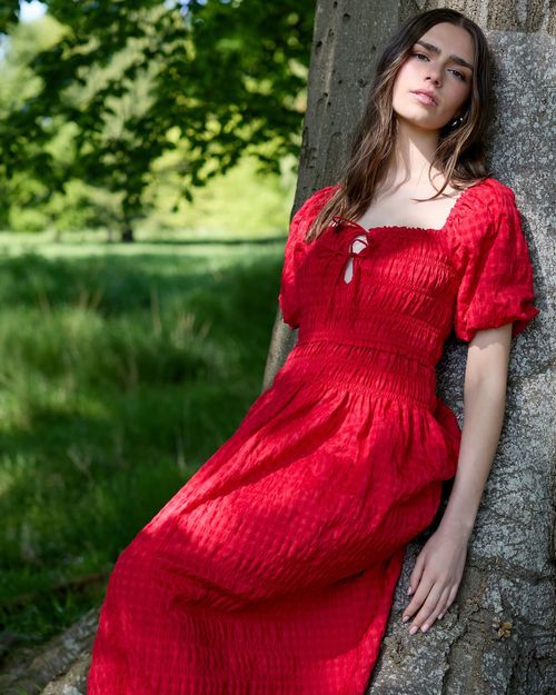 Savida Red Shirred Waist Midi Dress