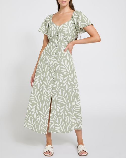 Linen Blend Print Midi Dress