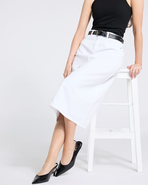 High Waisted Denim Midi Skirt