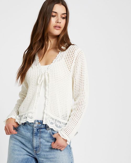 Savida Bailey Tie Front Lace Trim Cardigan