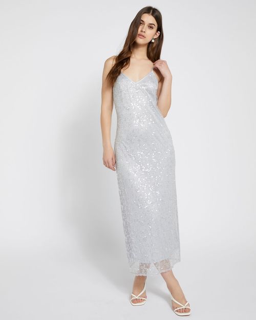 Savida Bailey Silver Sequin Lace Midi Dress