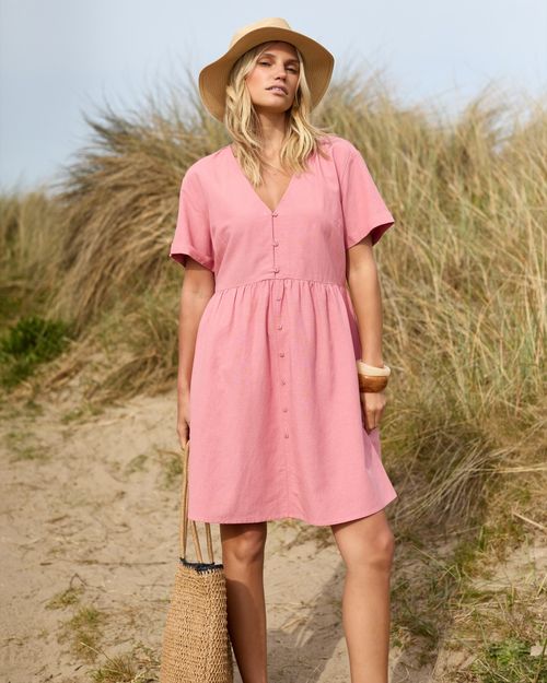 Linen Blend Button Through Mini Dress