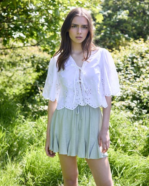 Savida Poplin Embroidered Bow Tie Front Top