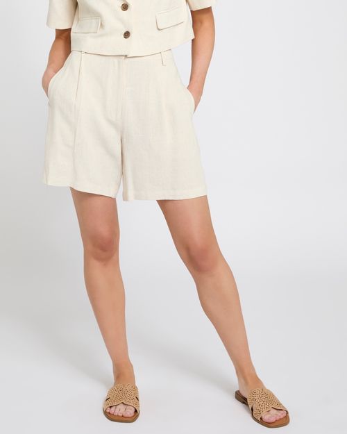 High Waisted Linen Blend Pleated Shorts