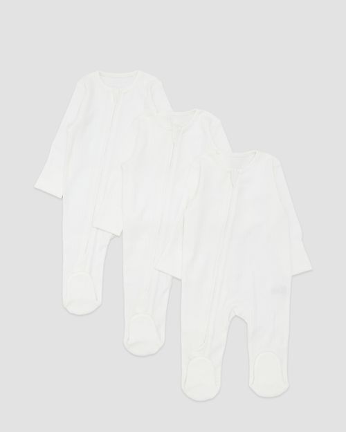 Cotton Cream Two-Way-Zip Sleepsuit - Pack Of 3 (Newborn-12 Months)