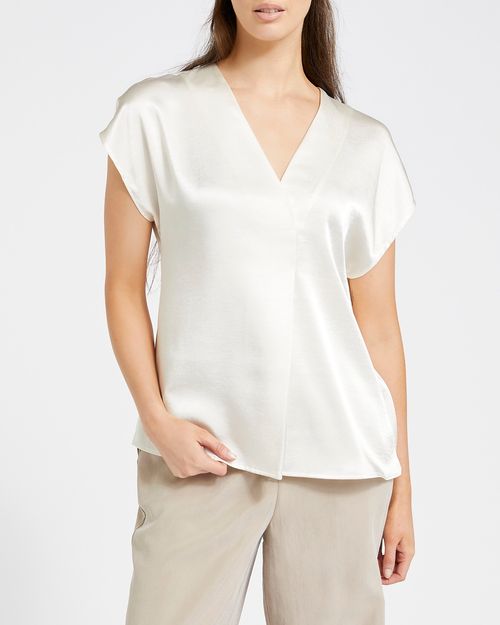 Short-Sleeved Satin V-Neck Top