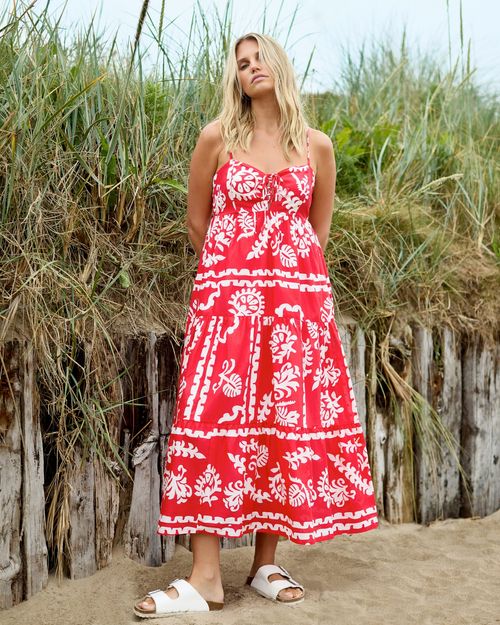 Tiered Cotton Poplin Printed Midi Dress