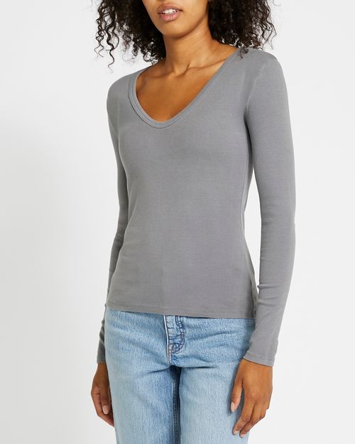 Deep V-Neck Ribbed Long Sleeve