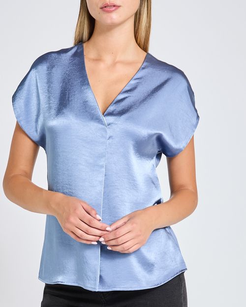 Short-Sleeved Satin V-Neck Top