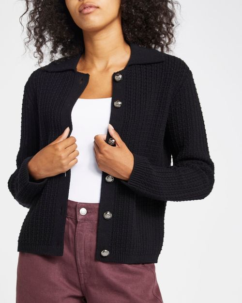 Textured Collared Silver Button Cardigan