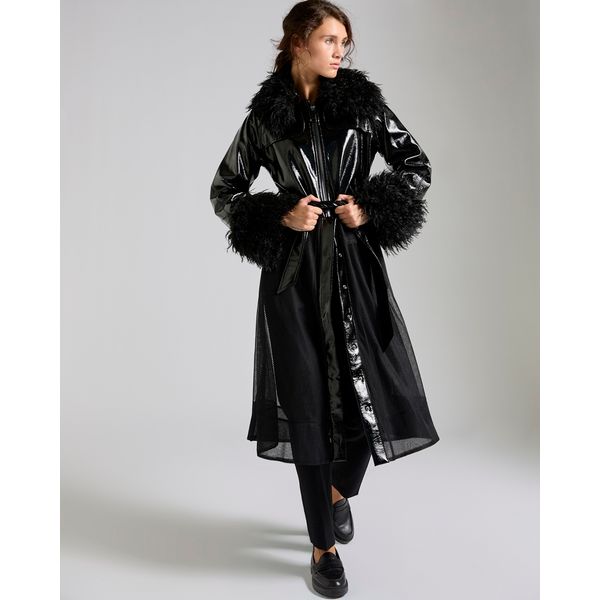 Removable Collar And Cuffs Faux Patent Leather And Mesh Trench Coat