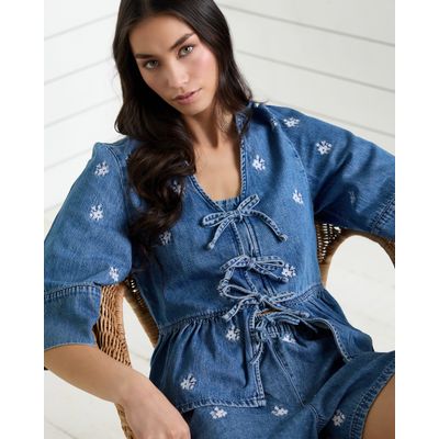 Savida Denim Embroidered Tie Top